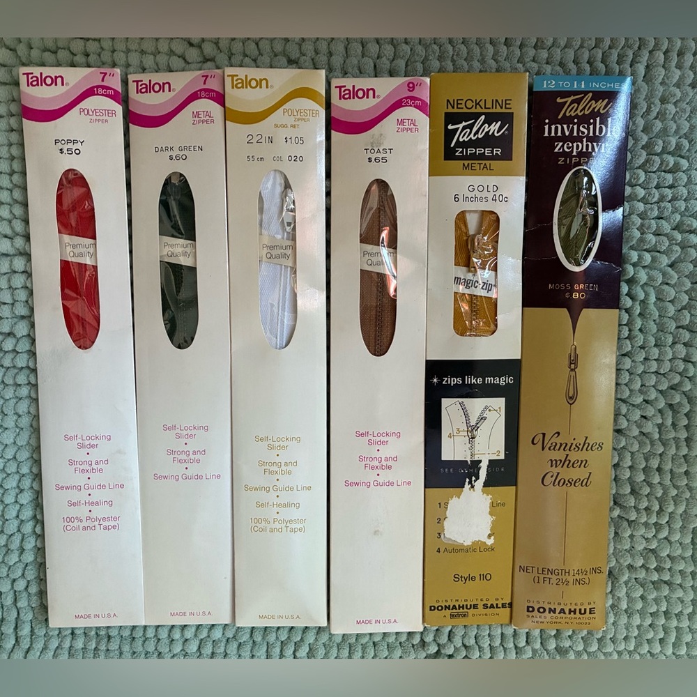 Vintage 1970’s Talon Zipper Collection - Assorted Colors. New, Old Stock